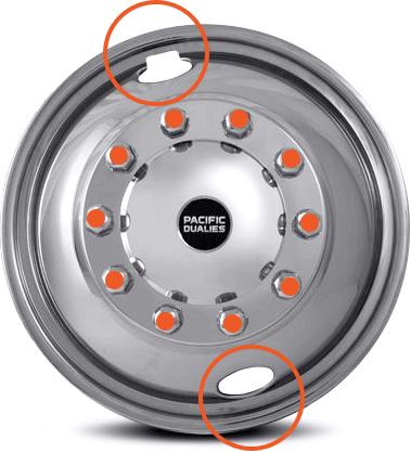 RV hubcap with vent holes circled